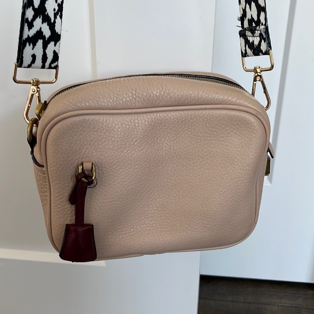 J. Crew Pebbled Leather Crossbody Bag in Light Beige with Burgundy Accent
